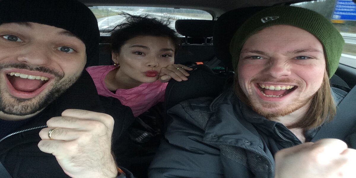 Calder, Erik, and Yennie in a car